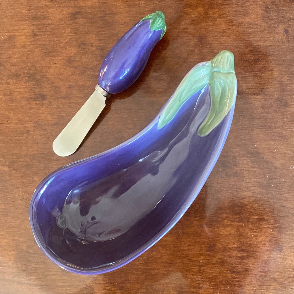 Purple and Green Eggplant Serving Dish with Same Colored Serving Knife.